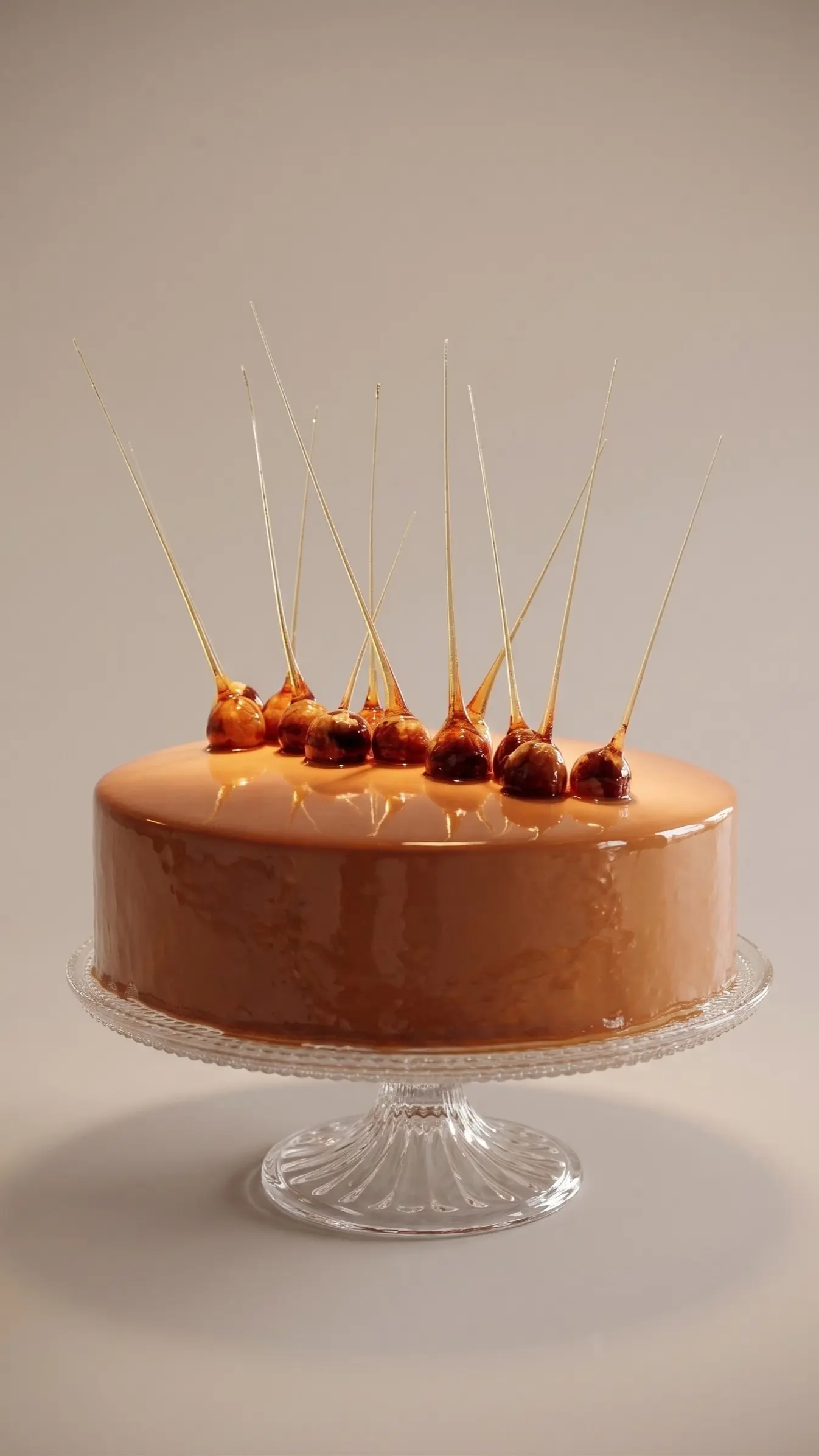 Glossy caramel cake decorated with dramatic spun sugar and caramel details